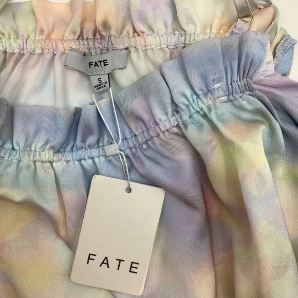 FATE Tie Dye Watercolor Pink Blue Cold Shoulder Ballon Sleeve Blouse Small - Picture 4 of 5
